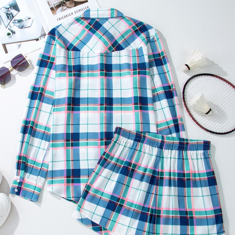 B144 Blue Plaid Print Shirt and Shorts 2 Piece Lounge Set